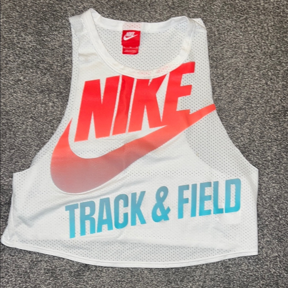 Nike White Mesh Crop Tank with Coral Swoosh and Teal Text